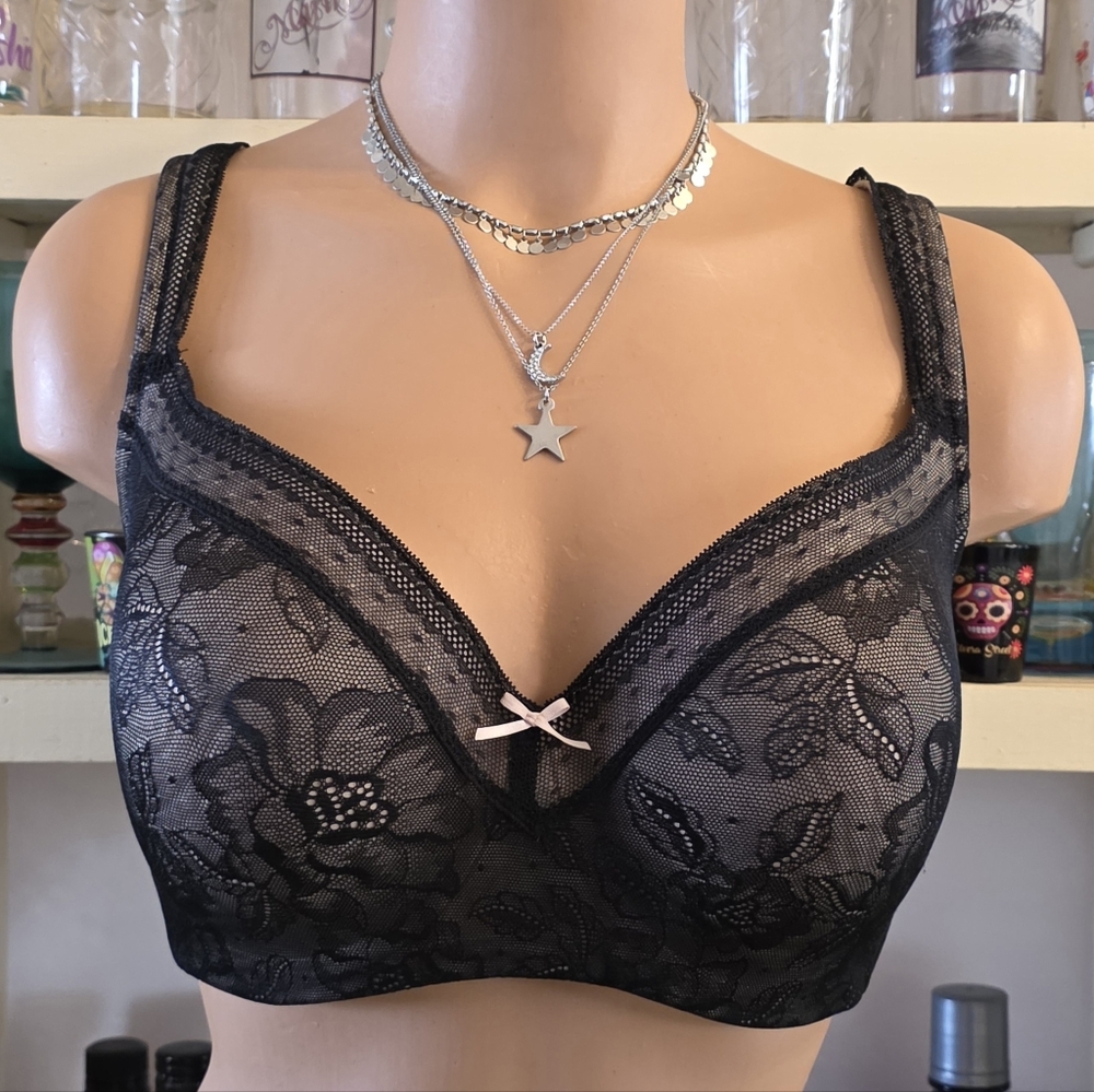 Cacique Black Lace Wireless Bra with Pink Bow Accent